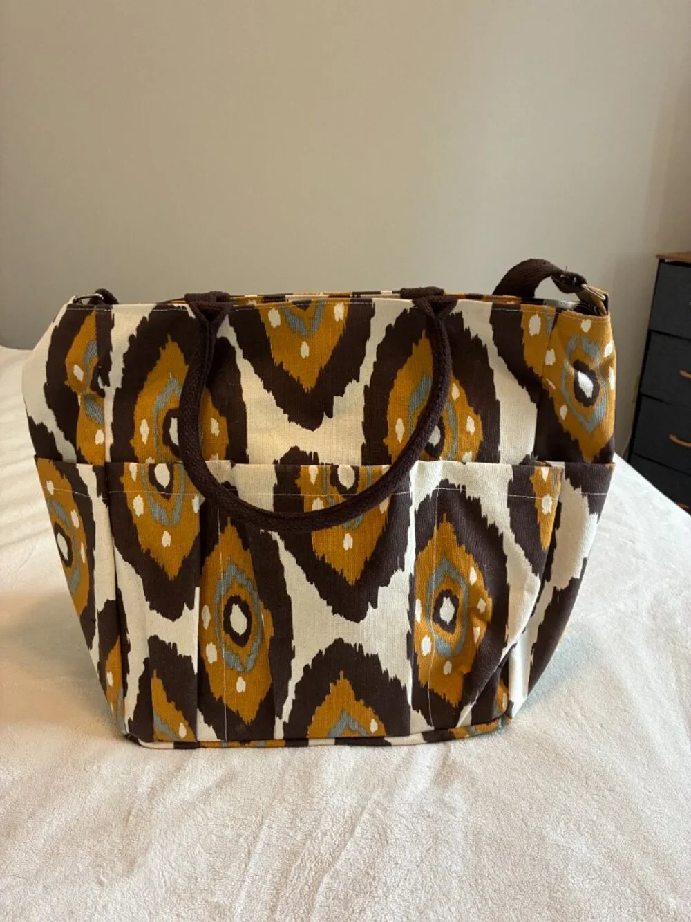 Rock Flower Paper Canvas Tote Bag Shoulder Bag Multi Pocket Brown Mustard